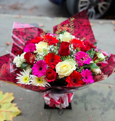 Red white and cerise hand tied